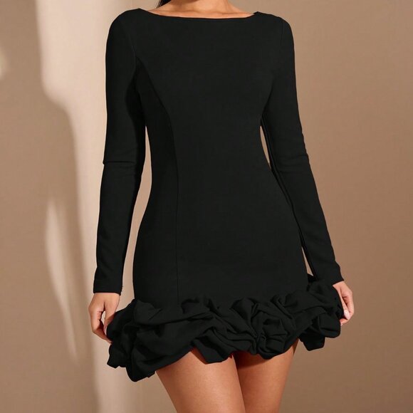 Black Elegant Women's Christmas Long Sleeve Tutu Dress - Picture 4 of 7